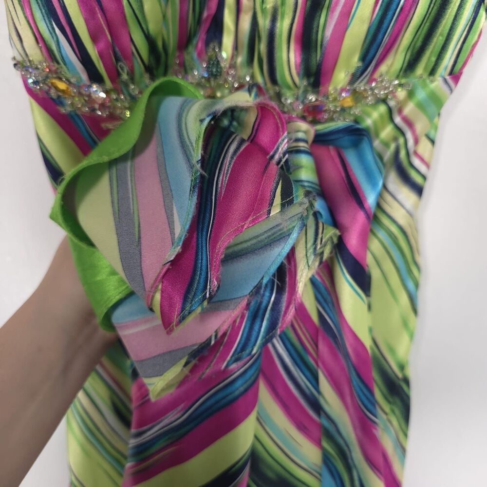Mac Duggal Couture Size‎ 0 Maxi Dress Open Back Slit Satin Multicolor Striped - Picture 9 of 16
